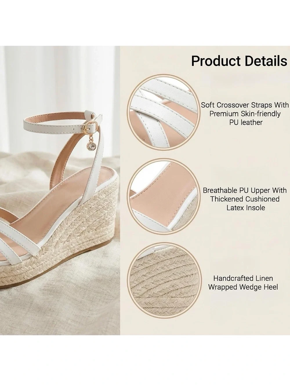 Women’s White Espadrille Wedge Sandals - Strappy Ankle Tie